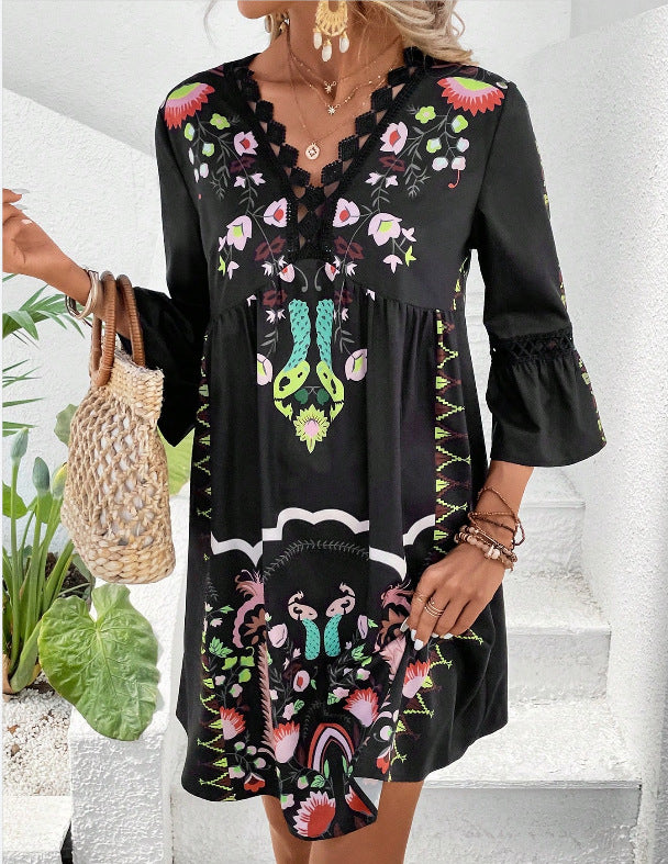 Boho Print Lace Trim V-Neck Bell Sleeve Empire Waist Midi Dress 2