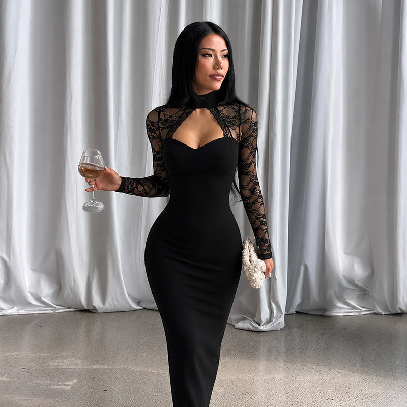Sexy Half Turtleneck Lace Long Sleeve Dress Hollow Out Cutout out Stitching Slim Fit Sheath Maxi Dress