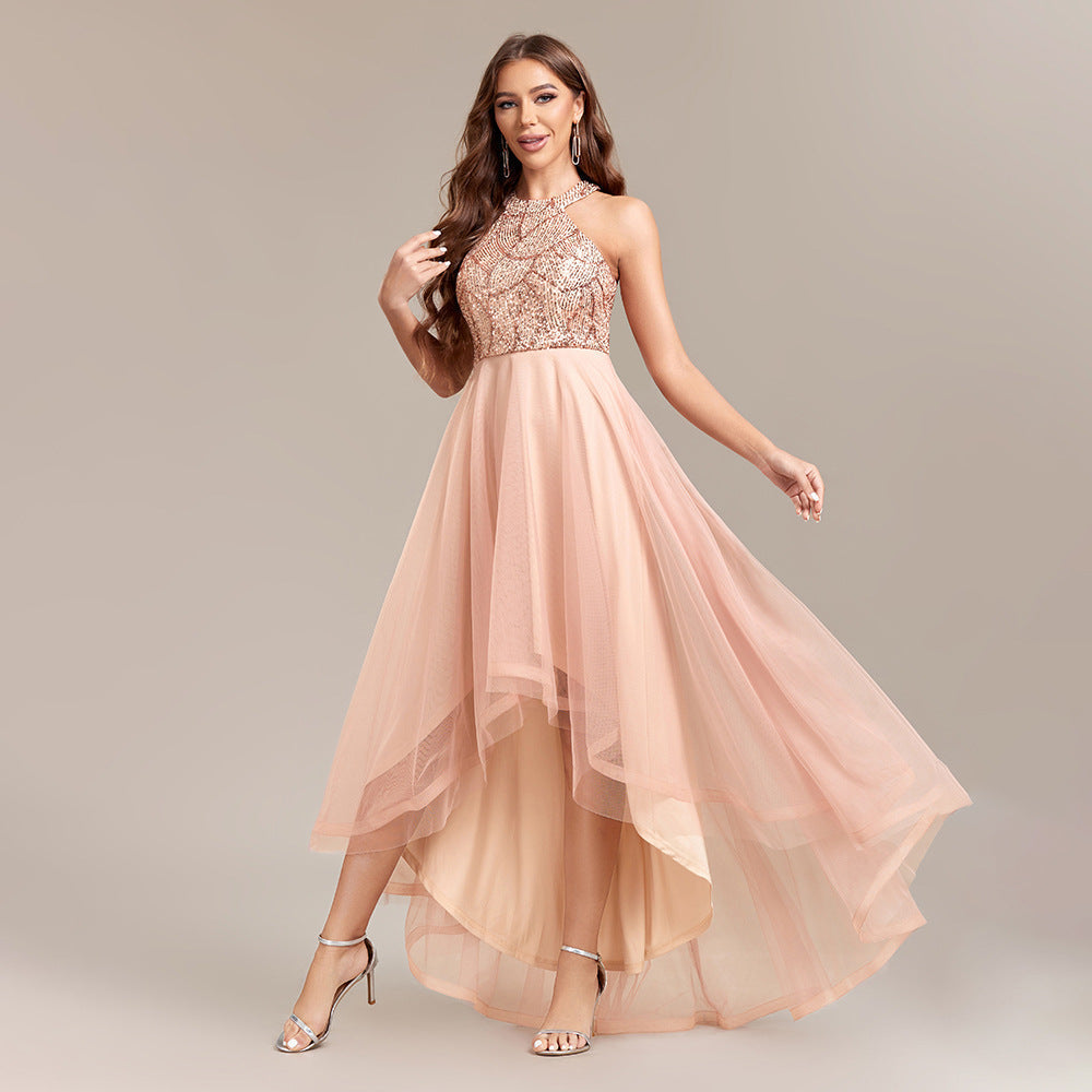 Halter Neck Sequin Tulle High Low A-Line Party Dress