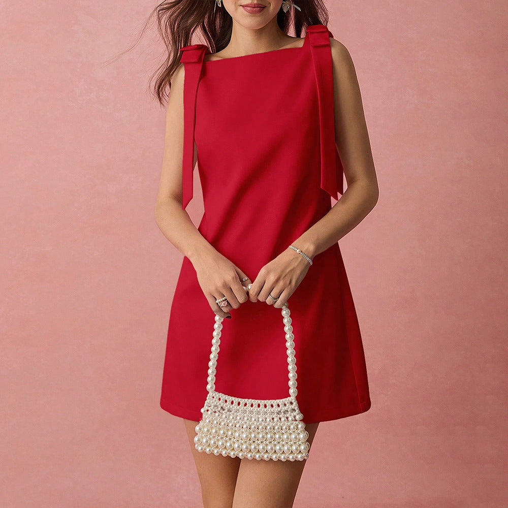 Square Neck Sleeveless Bow Tie Shoulder Strap A-Line Mini Dress 3