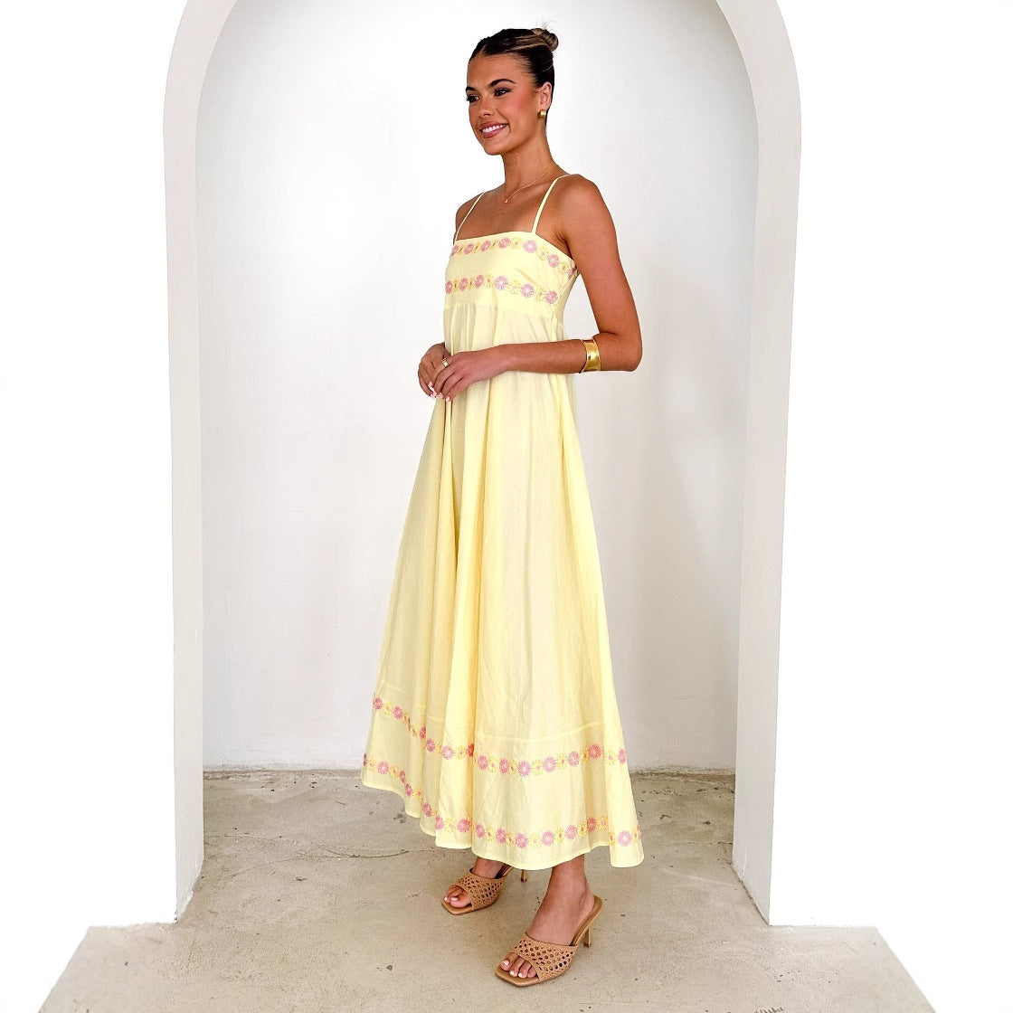 Floral Embroidered Spaghetti Strap Maxi Dress Summer 2