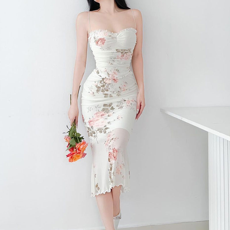 Floral Print Mesh Sweetheart Neck Lettuce Trim Cami Mermaid Midi Dress