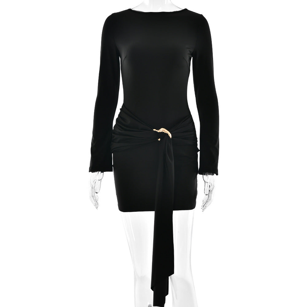 Slim Fit round Neck Hip Arrival Lace up Tight Long Sleeve Dress - View 3