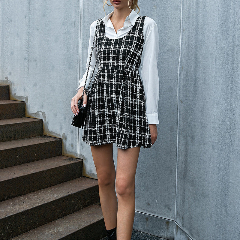 Plaid Tweed Scoop Neck Sleeveless A-Line Pinafore Mini Dress