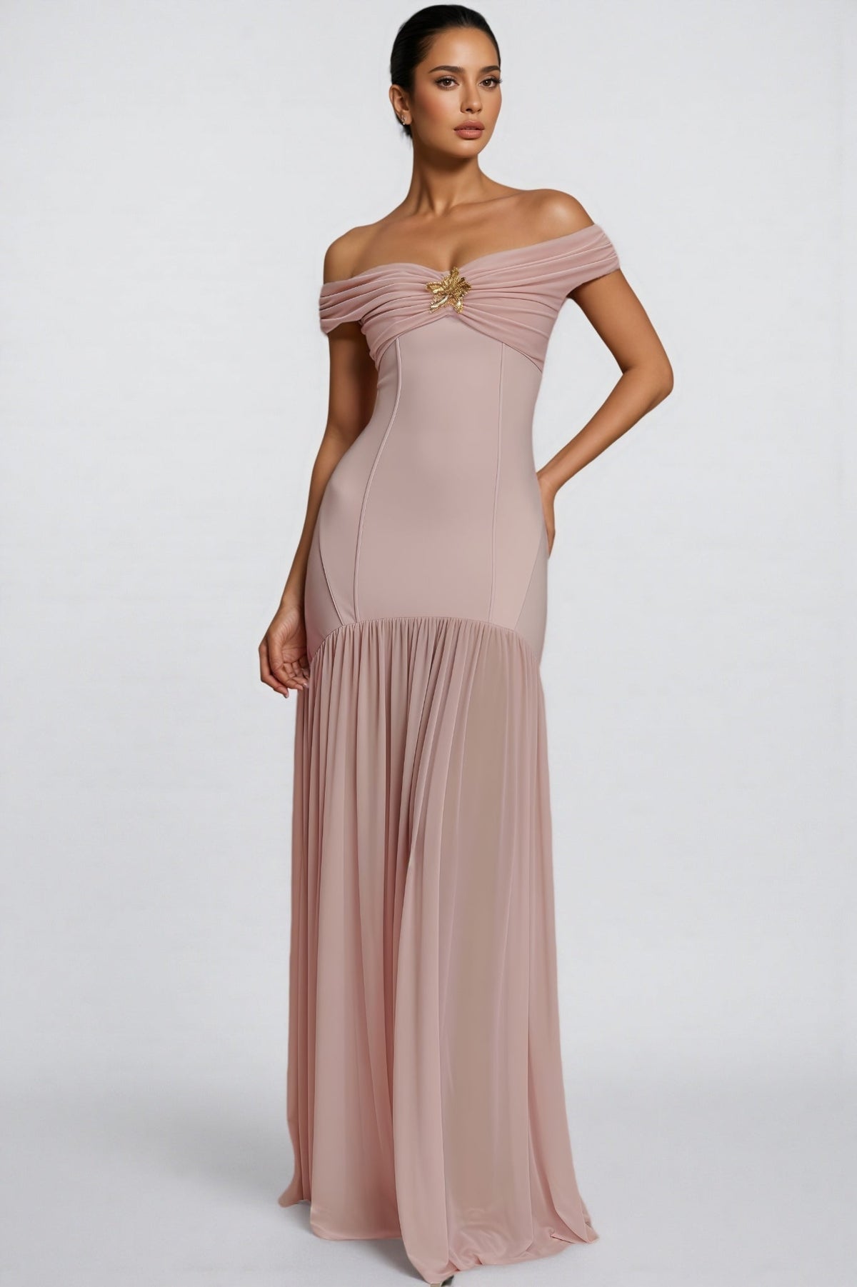 Off Shoulder Ruched Bust Brooch Mesh Drop Waist Maxi Dress