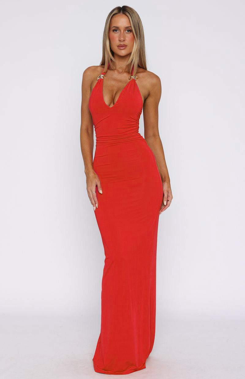 Halter V-Neck Metal Ring Strap Ruched Bodycon Maxi Dress 3