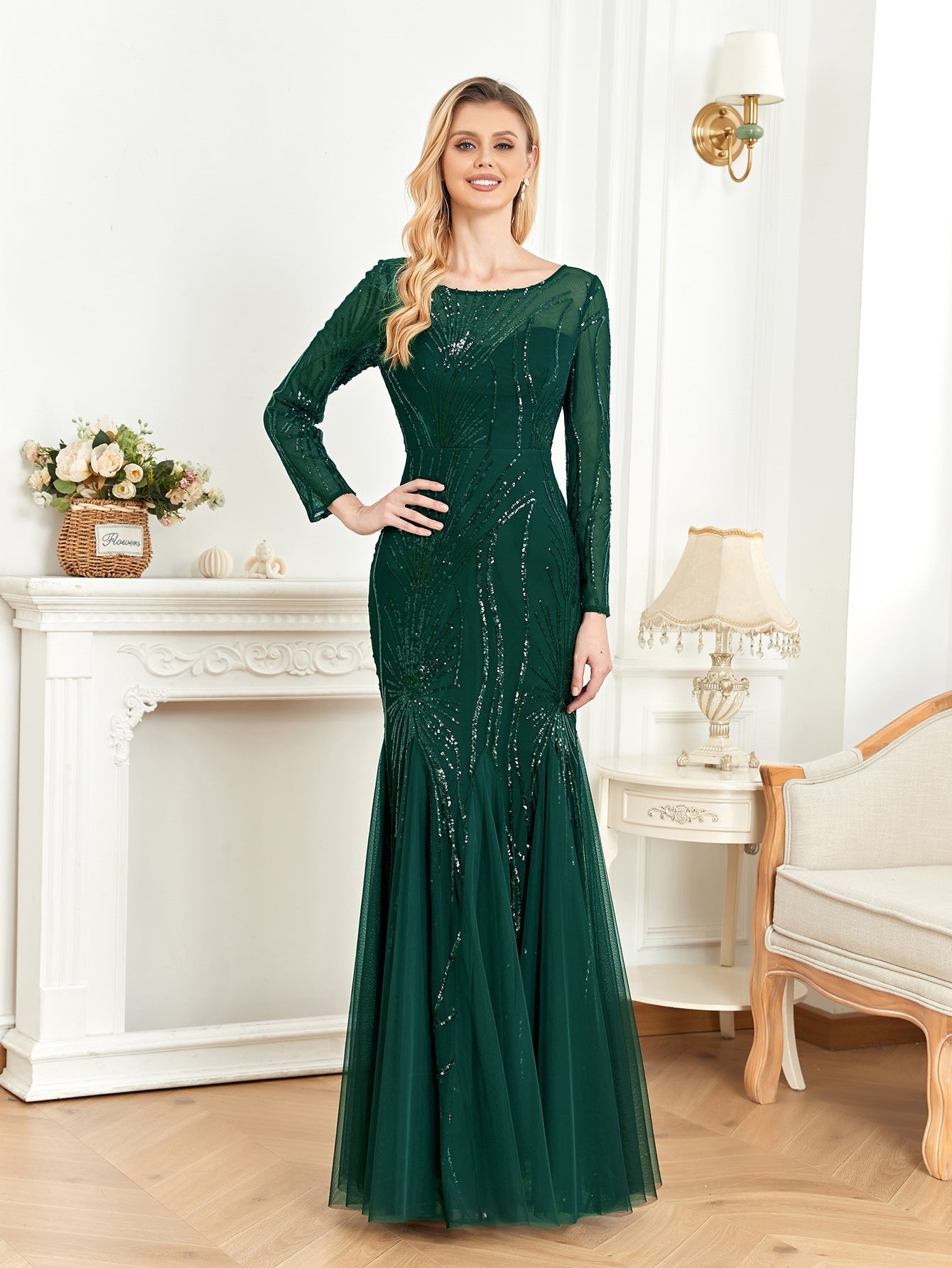 Sequin Crew Neck Long Sleeve Tulle Mermaid Maxi Gown