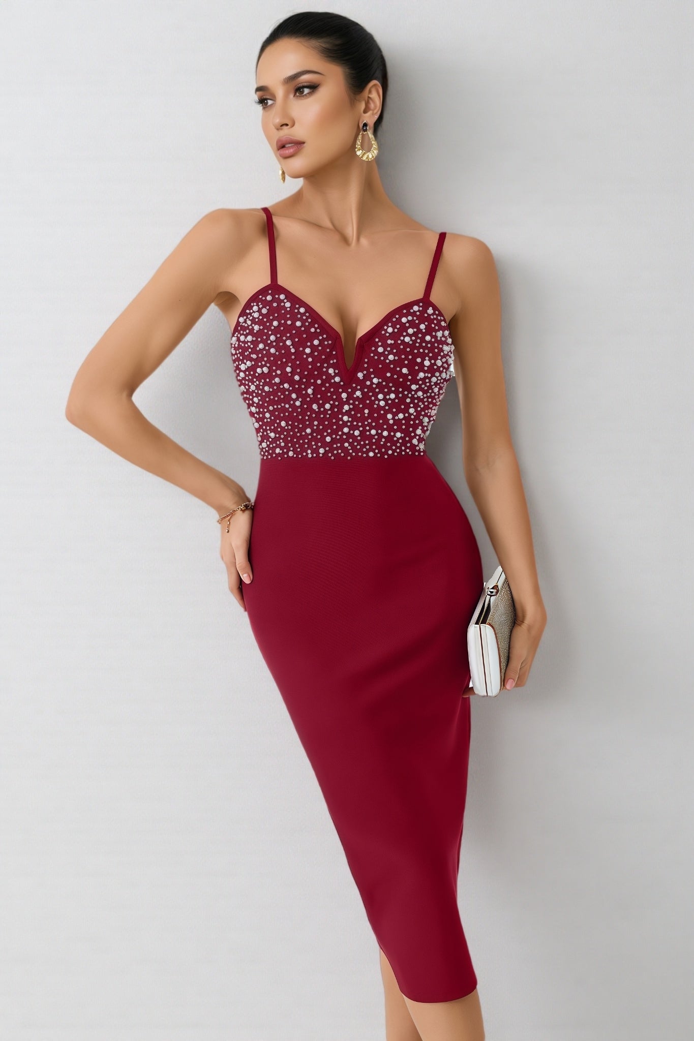 Beaded Sweetheart Cut Out Spaghetti Strap Bodycon Midi Dress