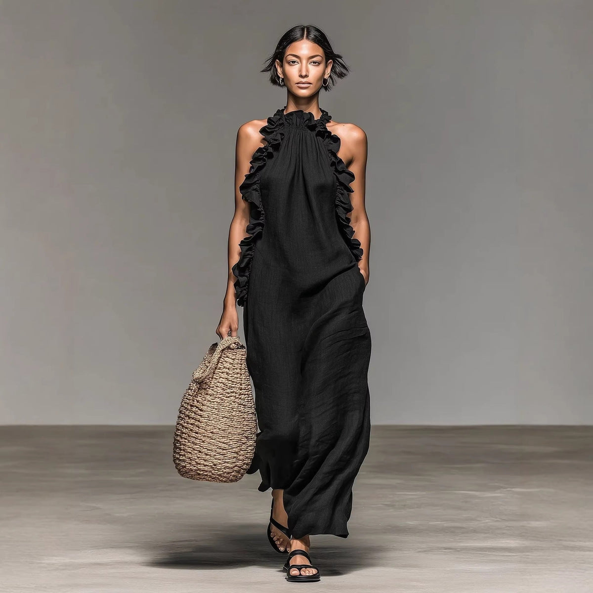 Halter Neck Ruffle Trim Sleeveless Maxi Dress 6