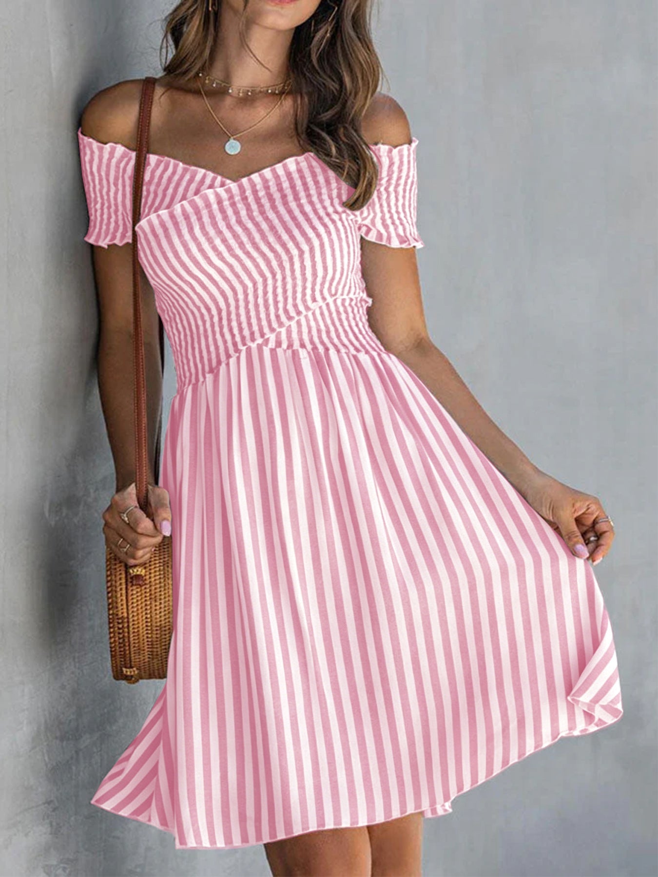 Striped Off Shoulder Short Sleeve Smocked Mini Dress 7