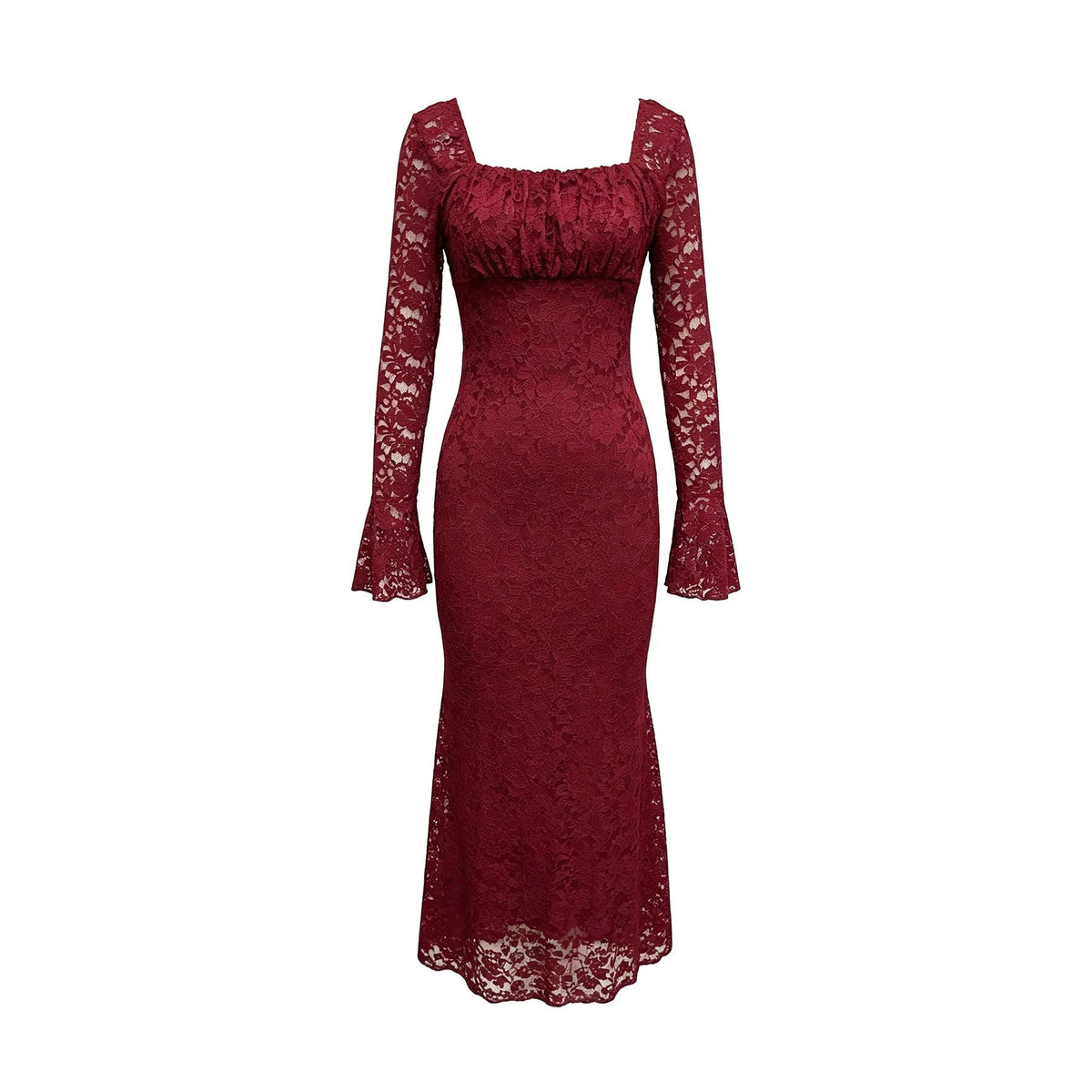 Lace Square Neck Ruched Bust Flare Sleeve Bodycon Maxi Dress 5