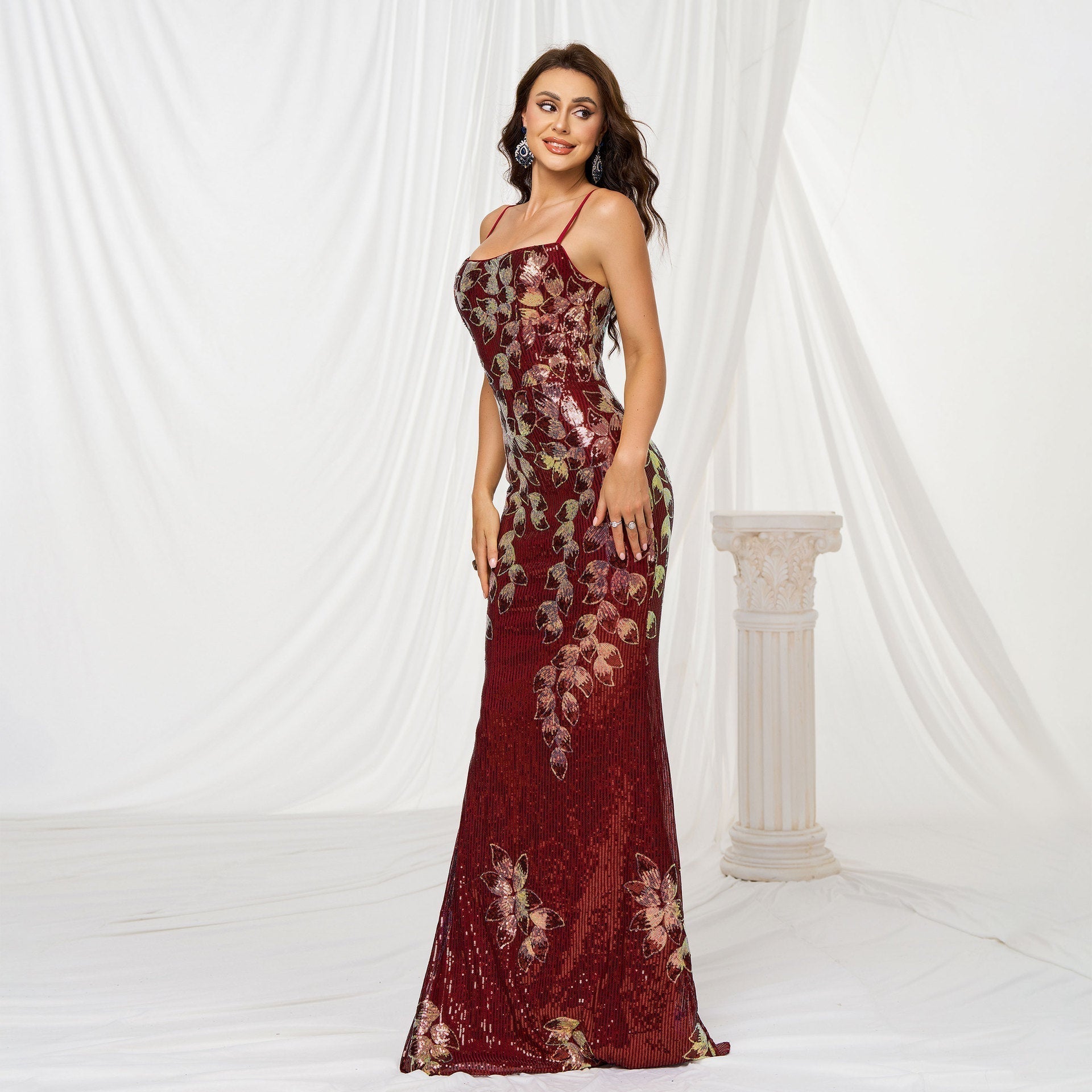 Sequin Floral Spaghetti Strap Square Neck Mermaid Evening Gown