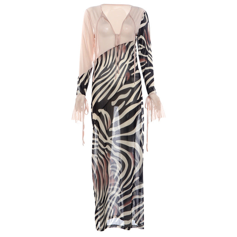 Zebra Print Sheer Mesh V-Neck Tie Front Flare Sleeve Maxi Dress 6