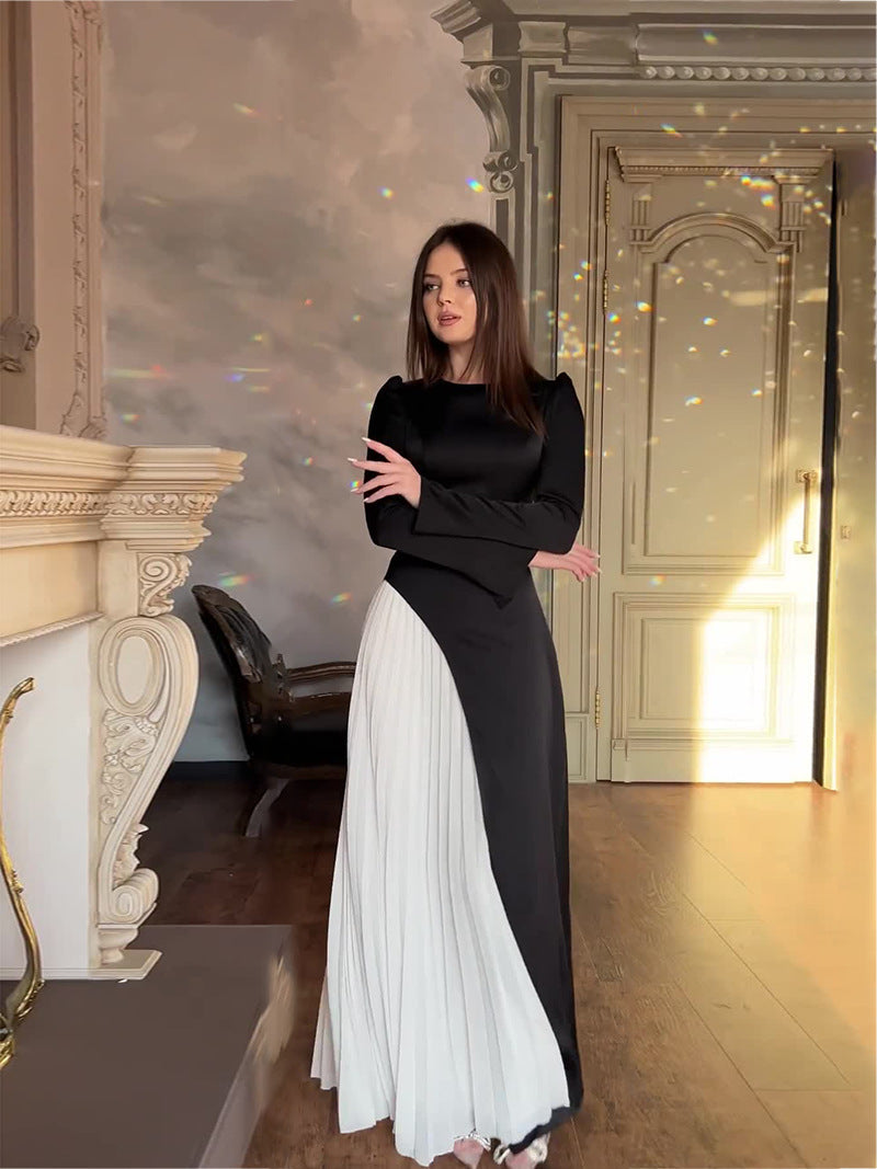 Two-Tone Long Sleeve Pleated Midi Dress