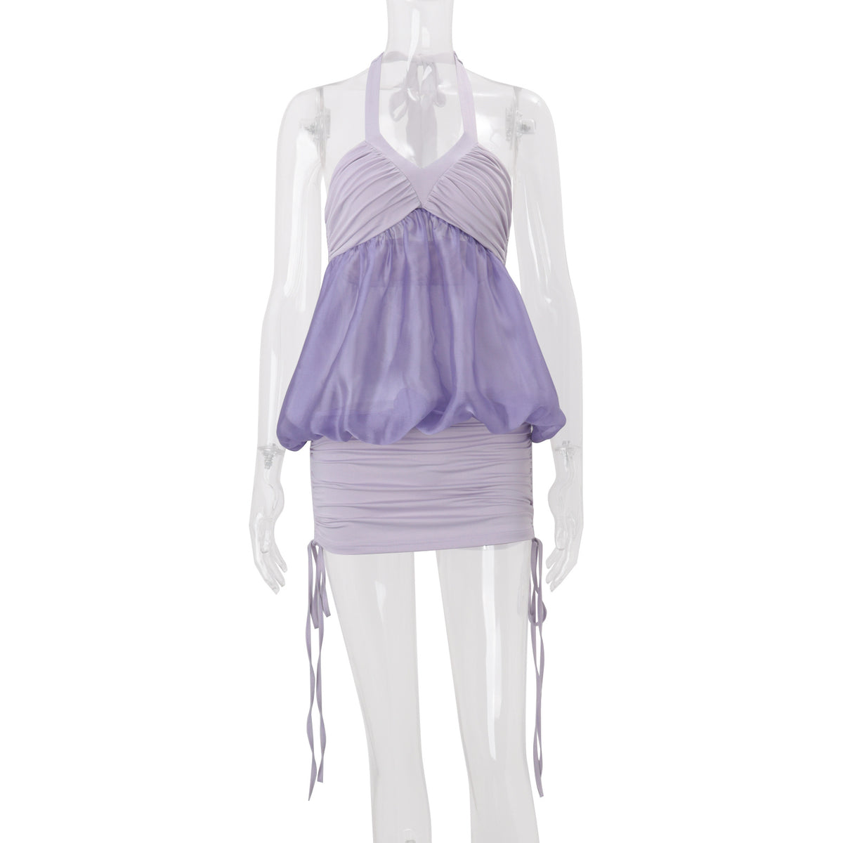 Organza Overlay Halter Neck Ruched Drawstring Side Bodycon Mini Dress 5