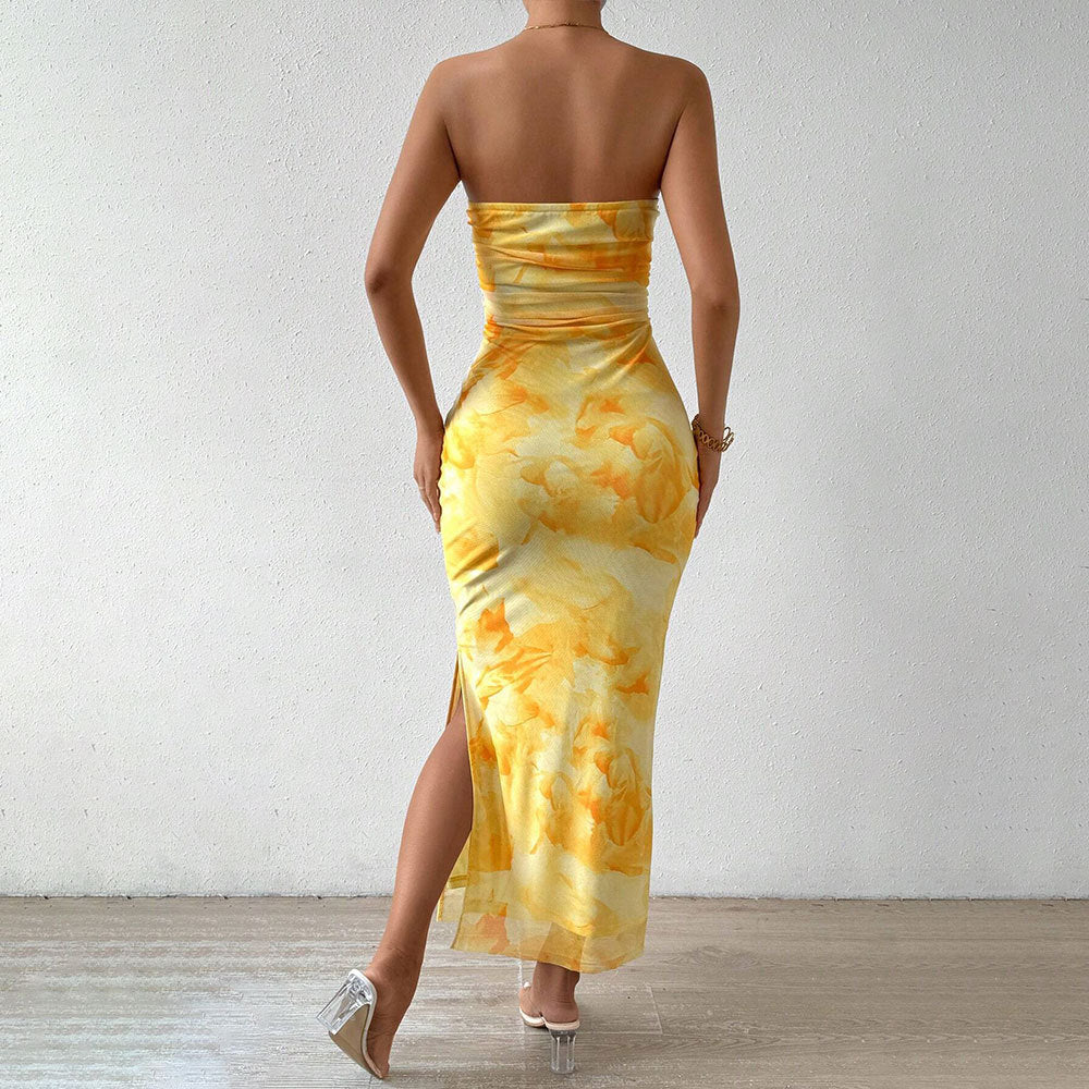 Tie Dye Print Mesh Strapless Ruched Side Split Bodycon Maxi Dress 4