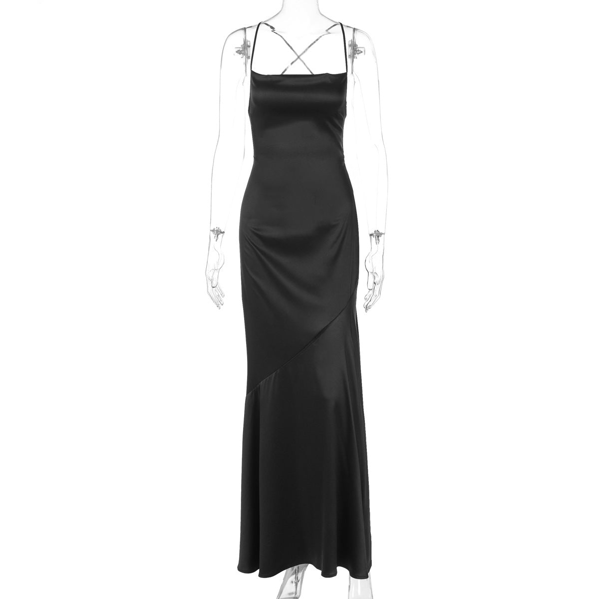 Satin Scoop Neck Spaghetti Strap Open Back Mermaid Maxi Slip Dress 2