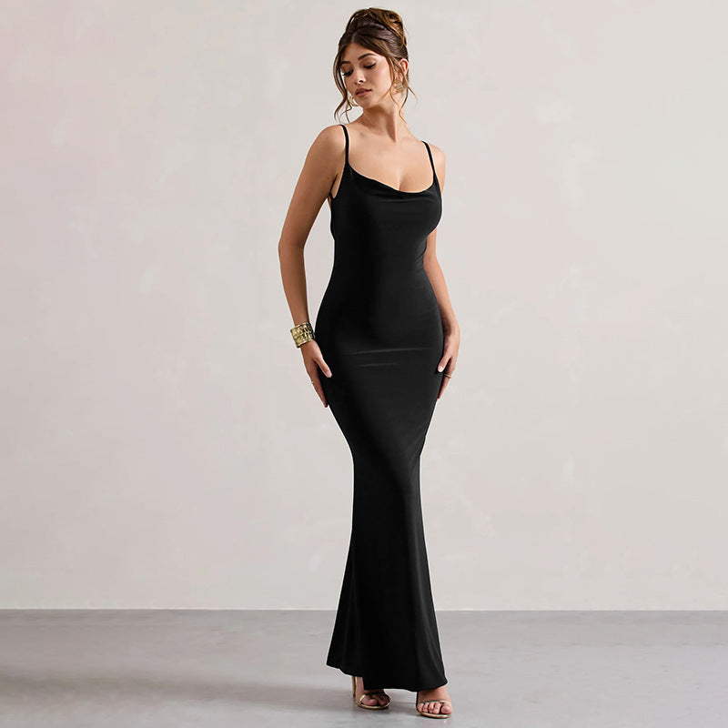Spaghetti Strap Backless Lace Trim Bodycon Mermaid Maxi Dress 2