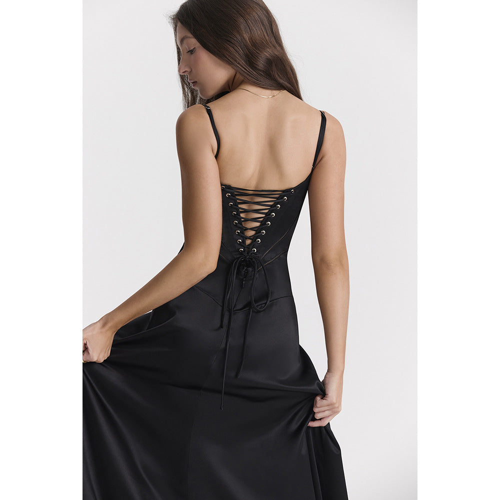 Square Neck Lace Up Back Satin Slip Maxi Dress