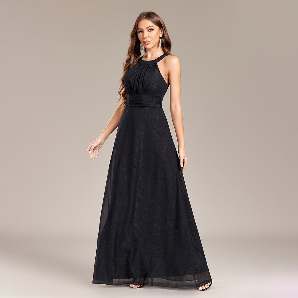 Halter Neck Pleated Waist Chiffon A-Line Maxi Gown
