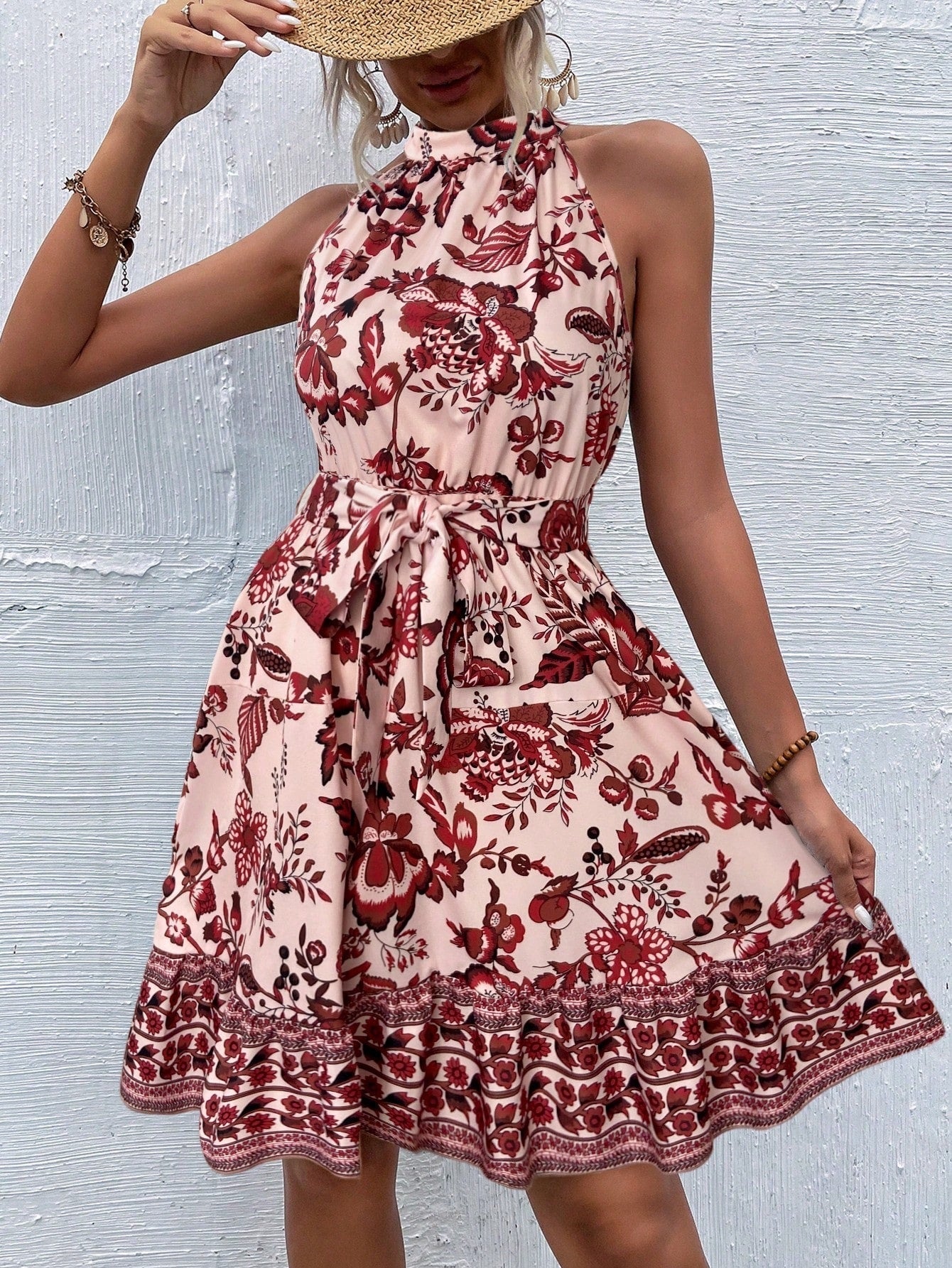Floral Halter Neck Tiered Ruffle A-Line Summer Mini Dress