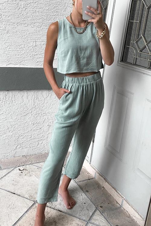 Solid Pockets Tank Pants Set