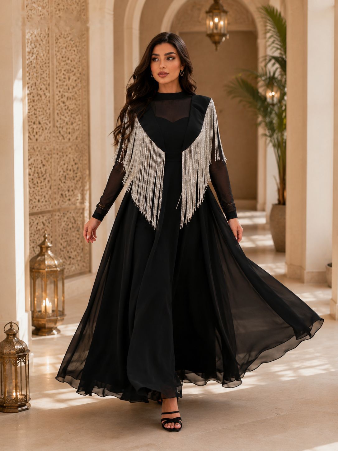 Elegant Tassel Stitching Black Long Sleeved Dress Women Evening Dress Large Swing Dress