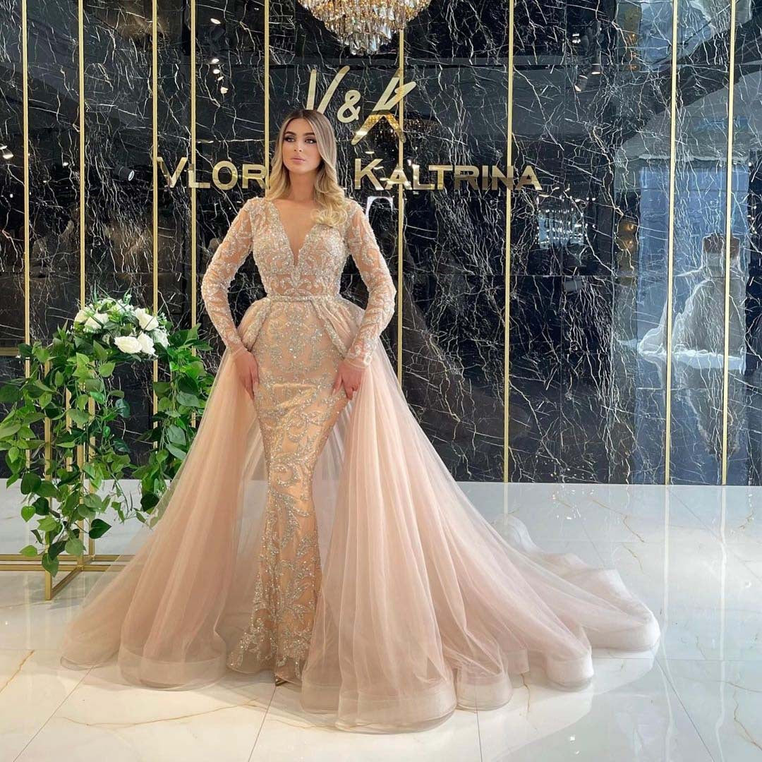 Sequin Mesh Deep V-Neck Long Sleeve Mermaid Overskirt Train Gown