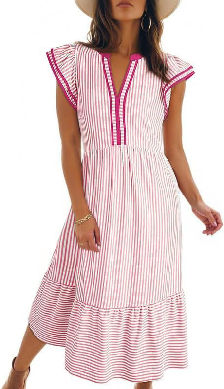 Striped Contrast Trim V-Neck Flutter Sleeve Ruffle Hem Midi Dress 4