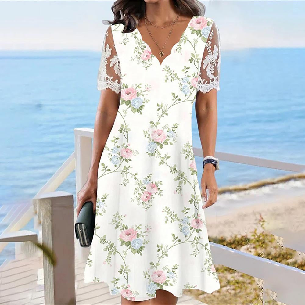Floral Print Scalloped V-Neck Lace Sleeve A-Line Knee Length Dress