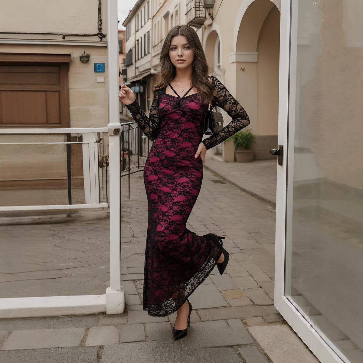 Women Clothing Spring Slim Lace Stitching Hip Bag Sexy Maxi Dress