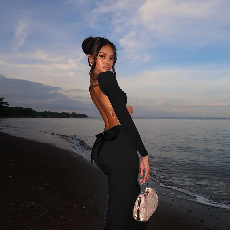 Long Sleeve Scoop Back Backless Bow Back Bodycon Maxi Dress 3