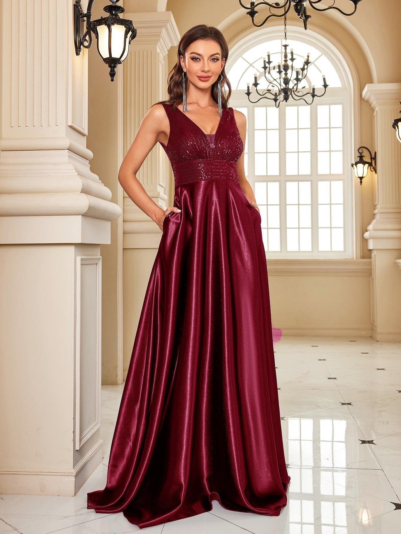 Sequin V-Neck Satin A-Line Maxi Dress