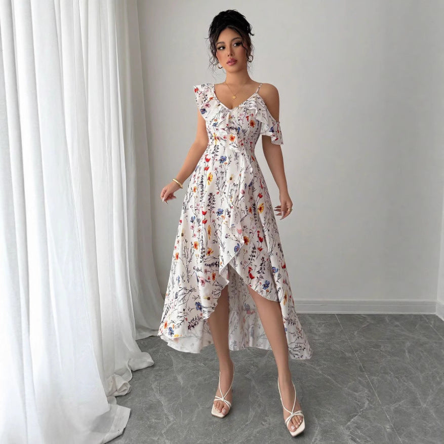 Floral Print Cold Shoulder Ruffle V-Neck Asymmetric Hem Midi Dress 5