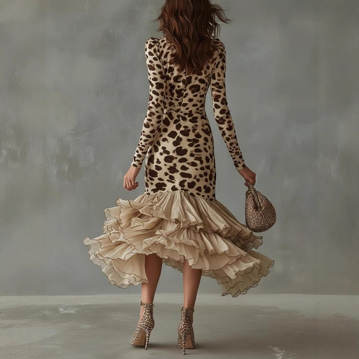 Leopard Deep V-Neck Long Sleeve Ruffle High Low Bodycon Dress 4