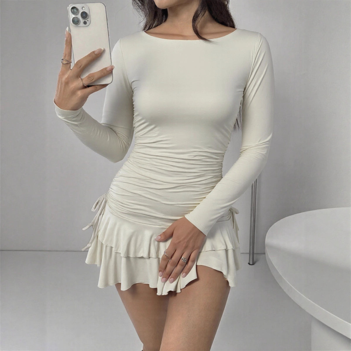 Crew Neck Long Sleeve Ruched Drawstring Tiered Ruffle Hem Mini Dress 2