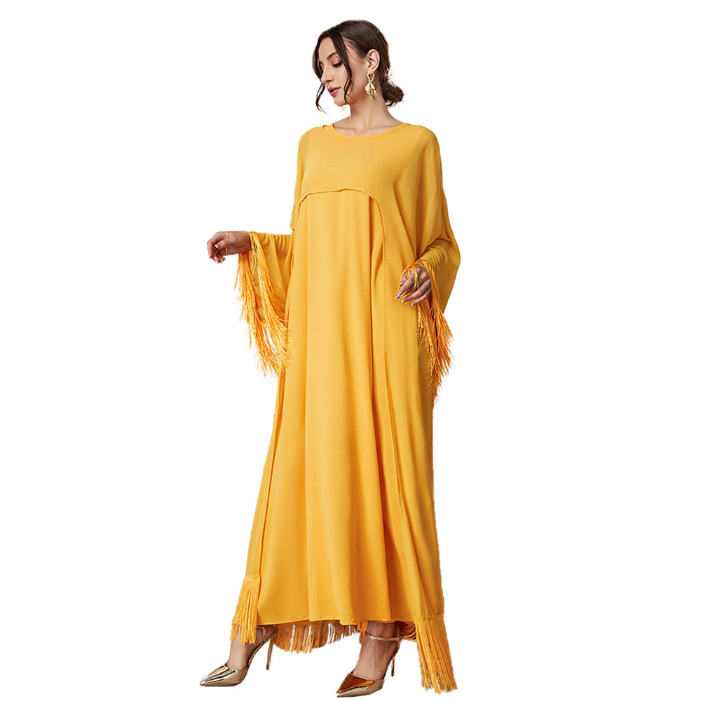 Fringe Trim Wide Sleeve Layered Kaftan Maxi Dress