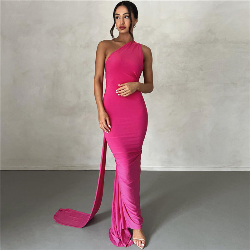One Shoulder Backless O-Ring Ruched Drape Maxi Evening Gown 6