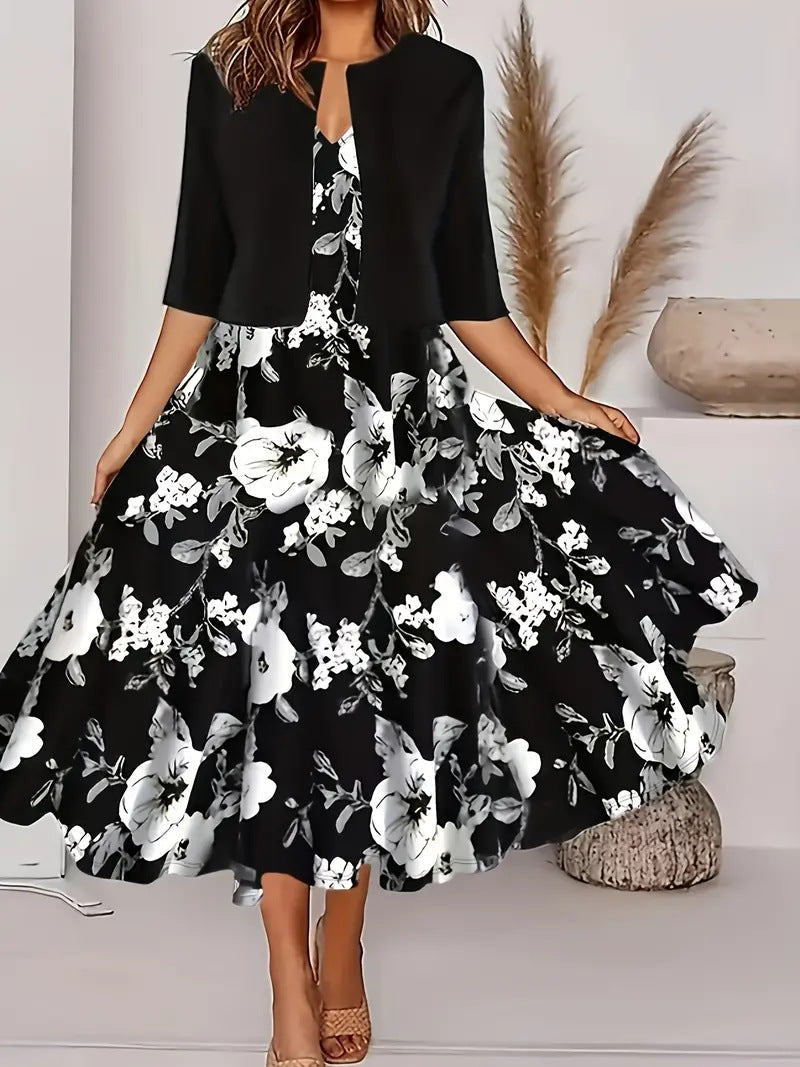 Floral Sleeveless Midi Dress with Bolero Two Piece Set 9