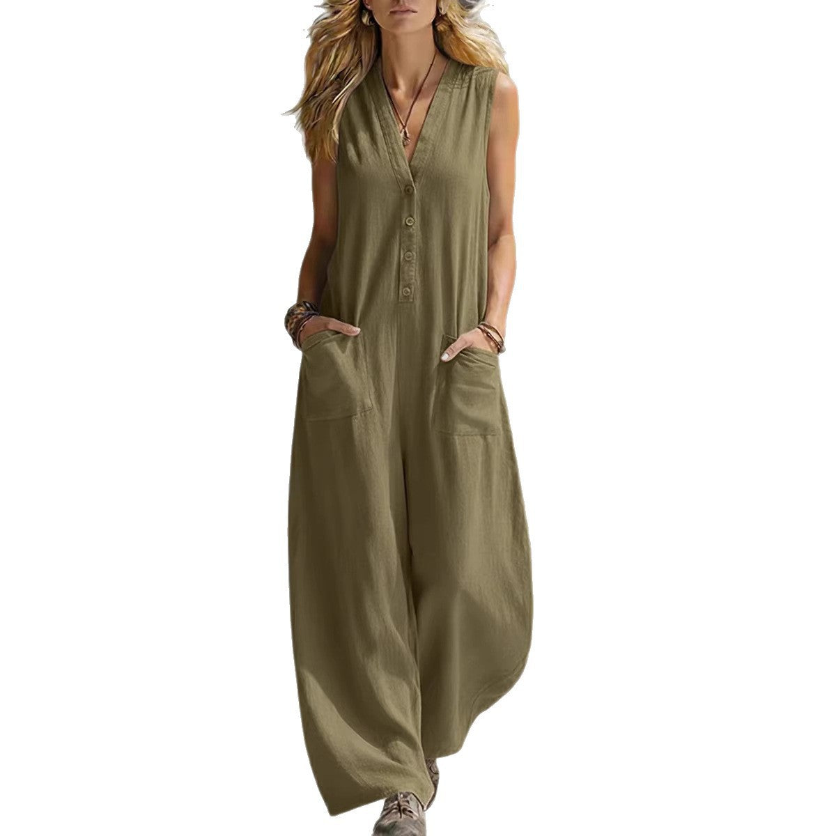 V-Neck Sleeveless Button Front Wide Leg Jumpsuit with Pockets