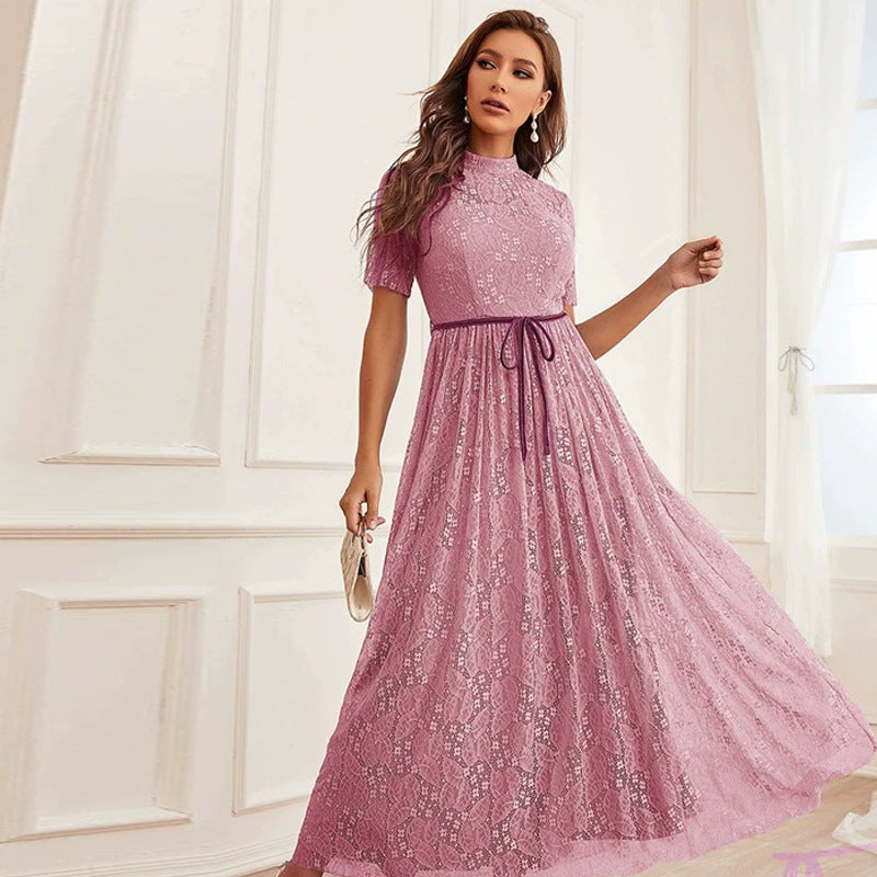 Mock Neck Short Sleeve Lace Belted A-Line Maxi Dress