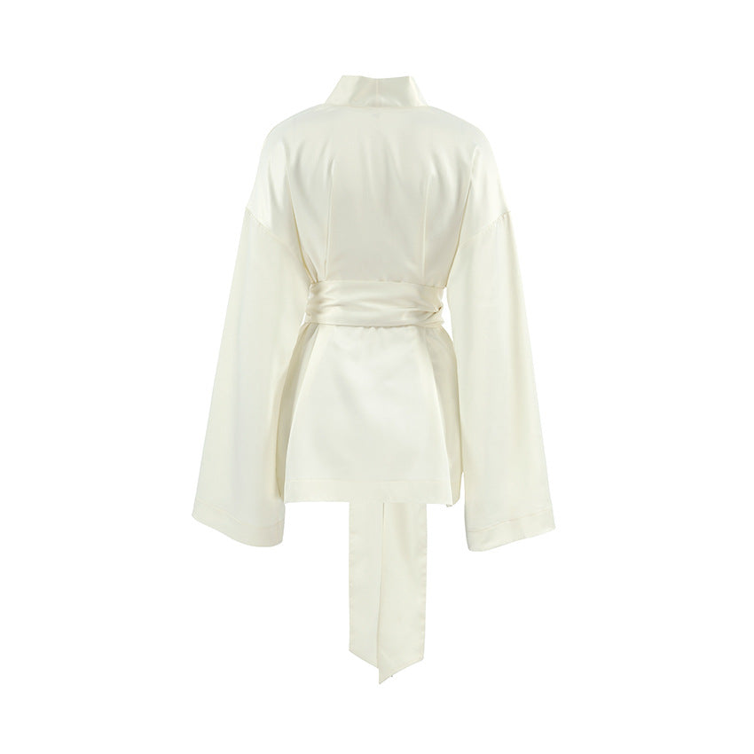 Satin Deep V-Neck Long Sleeve Belted Wrap Mini Dress 7