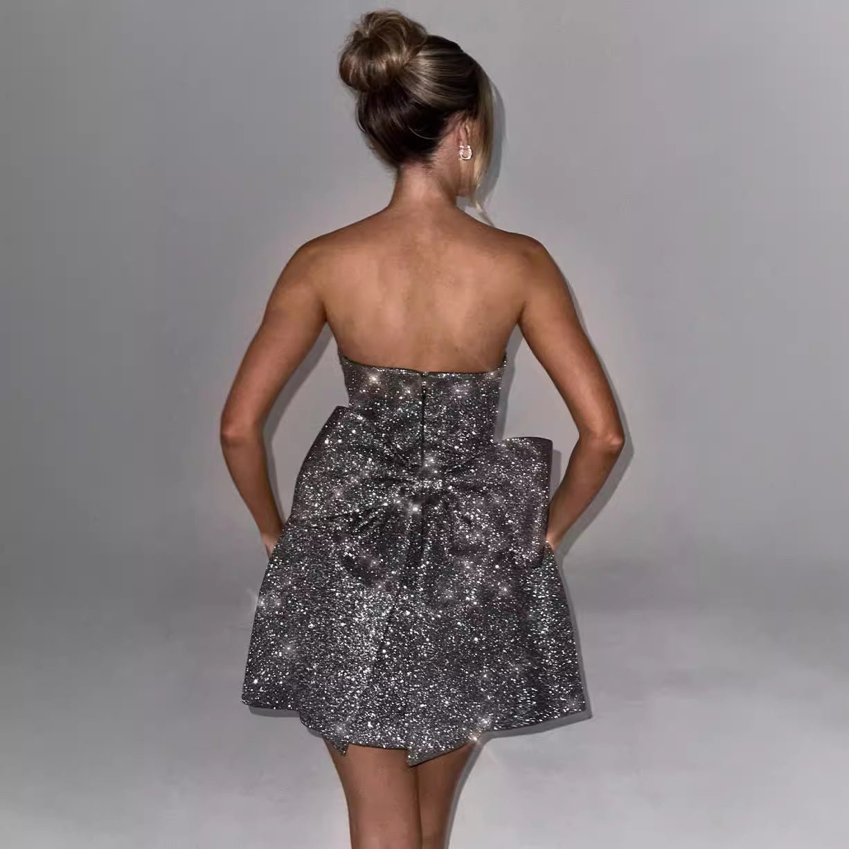 Strapless Sequin Bow Back Pocket A-Line Mini Party Dress