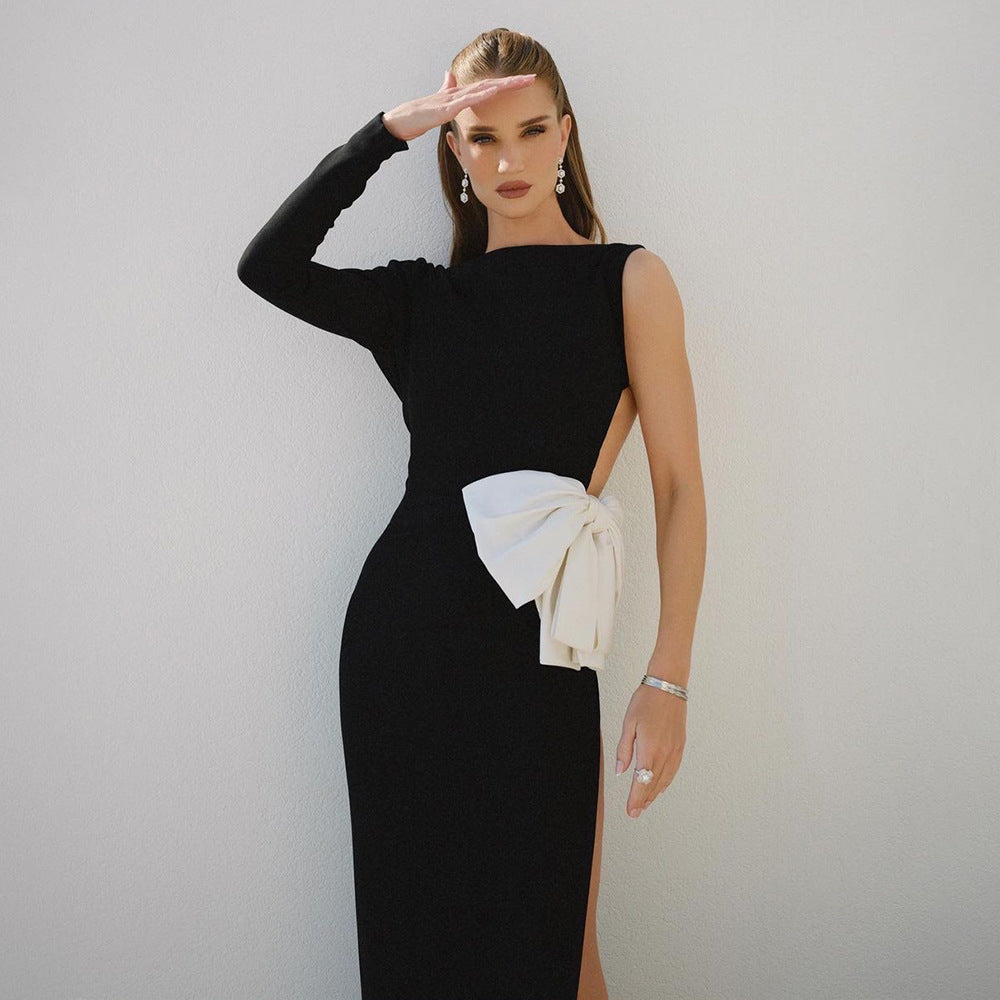 One Shoulder Long Sleeve Bow High Split Evening Gown