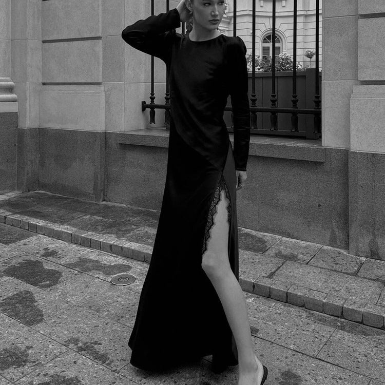 Long Sleeve Crew Neck Lace Trim High Split Maxi Gown