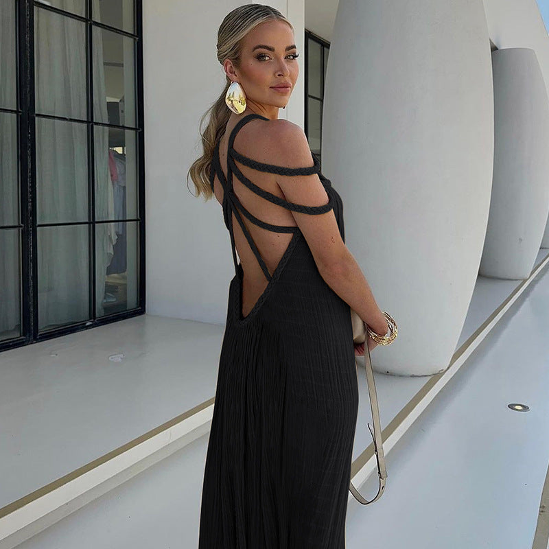 Halter Braided Cord Cage Neck Pleated Crinkle Sleeveless Maxi Gown