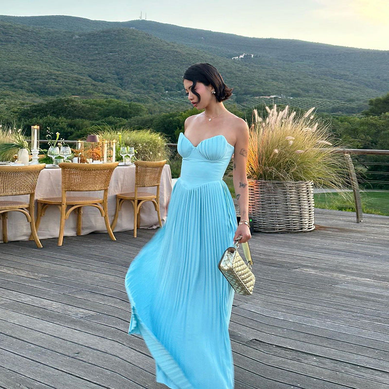 Refined V Neck Pleated Dress Tube Top Maxi Dress Slim Fit Backless