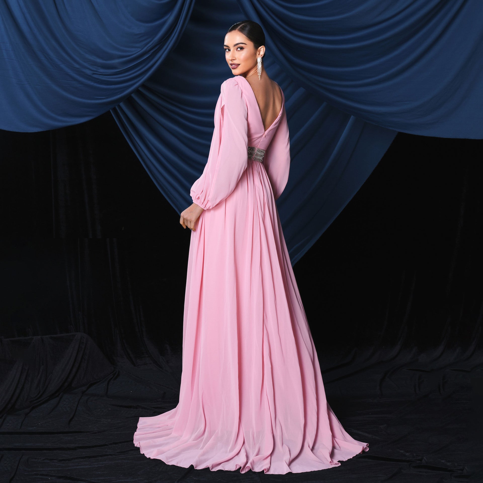 Chiffon Deep V-Neck Long Sleeve High Split Flowy Maxi Dress