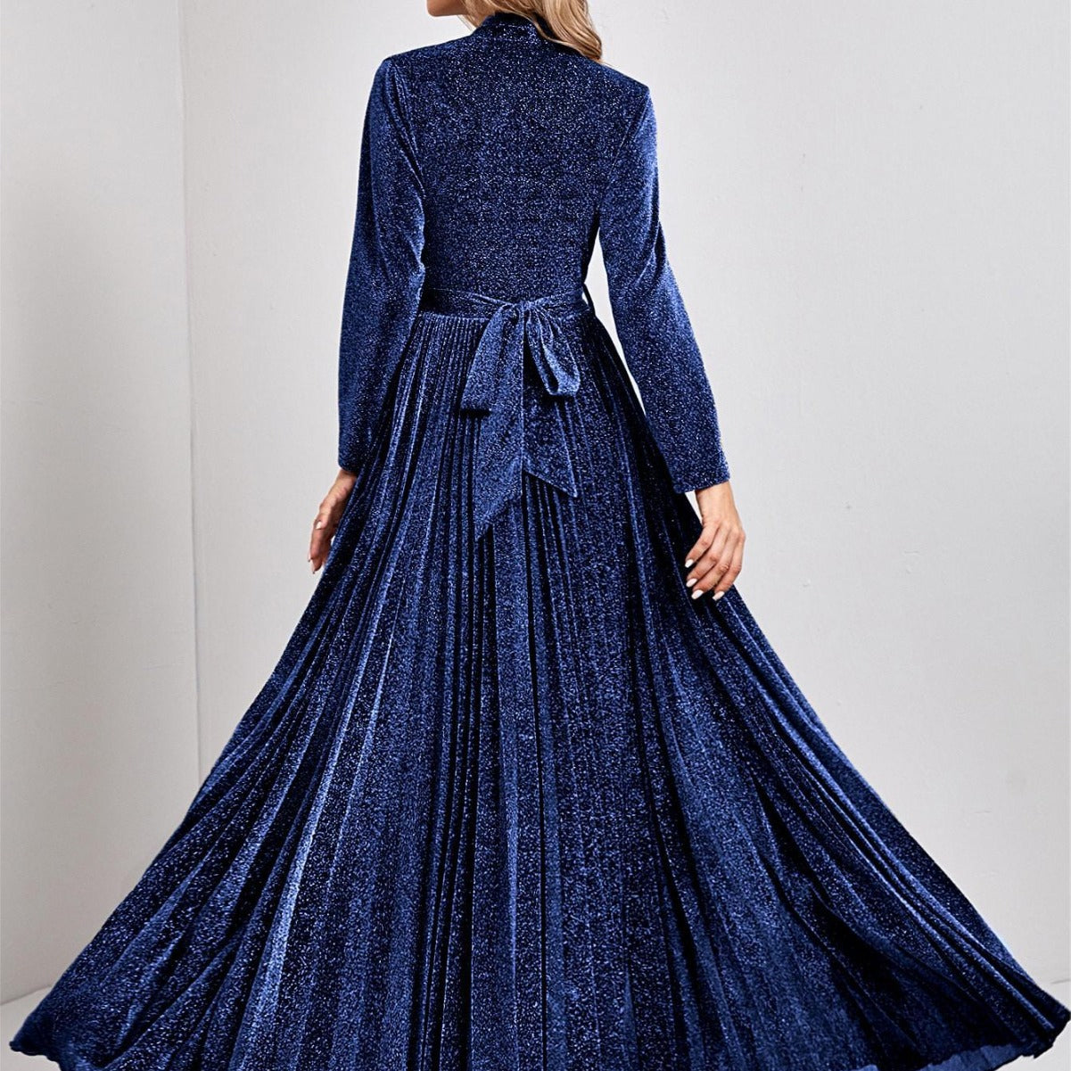 Glitter V-Neck Long Sleeve Pleated Maxi Gown