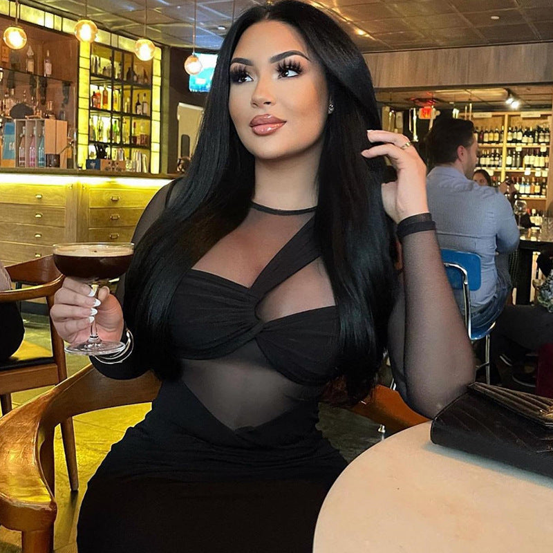 Mesh Long Sleeve Twist Bust Cut Out Bodycon Midi Dress